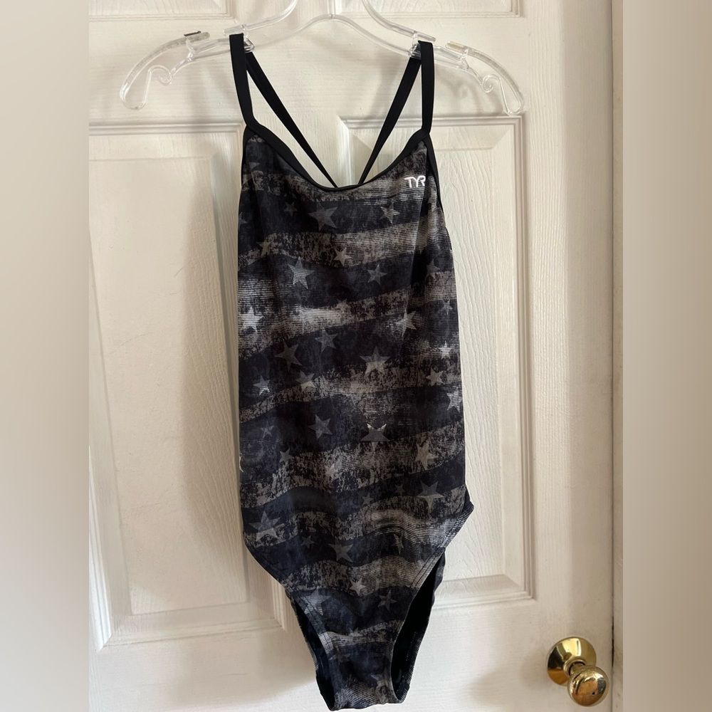 TYR American Dream Diamond Fit One Piece Swimsuit Size 38 open back Blue Gray - Picture 3 of 11